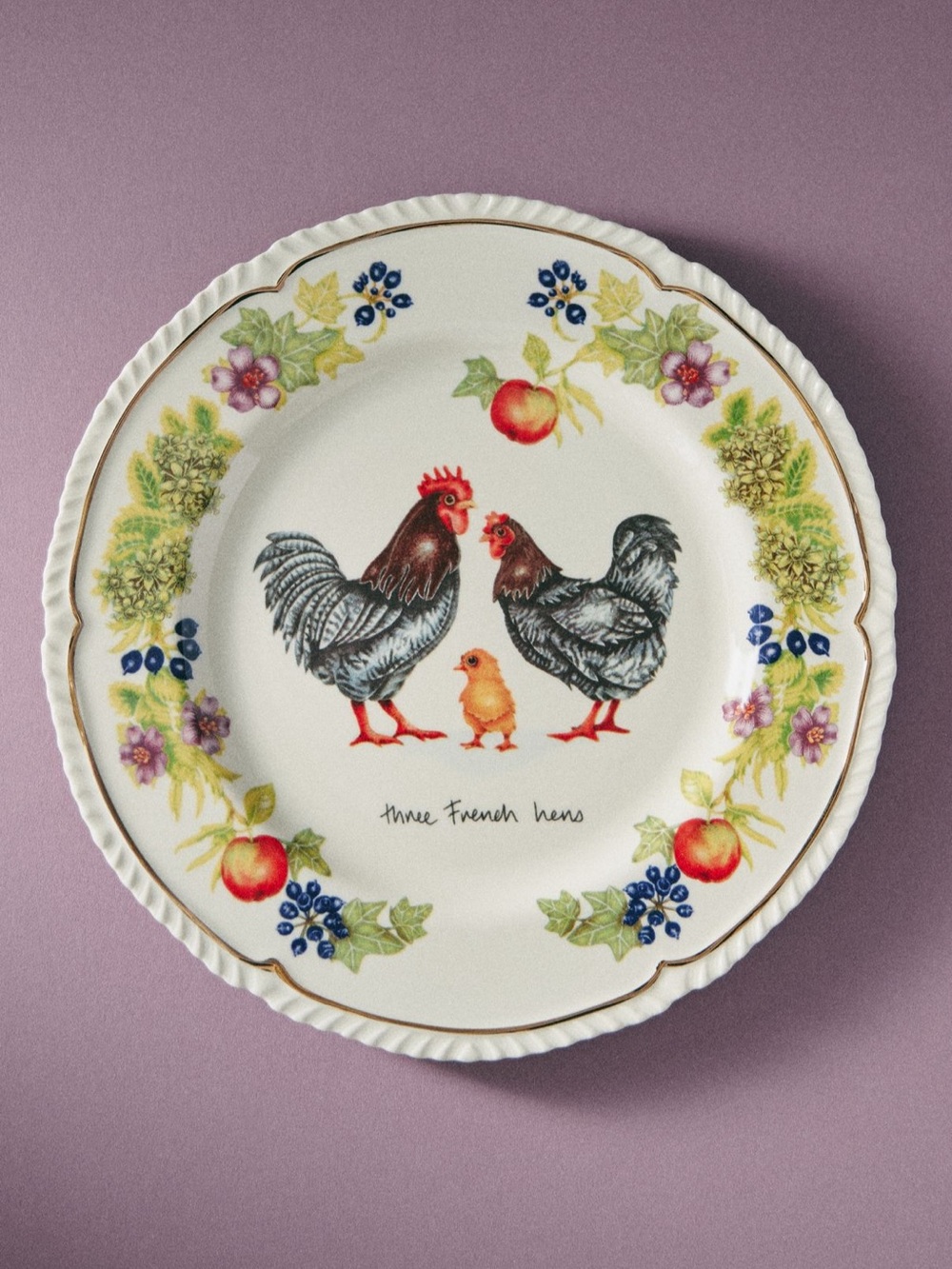 Anthropologie Christmas three French hens plate